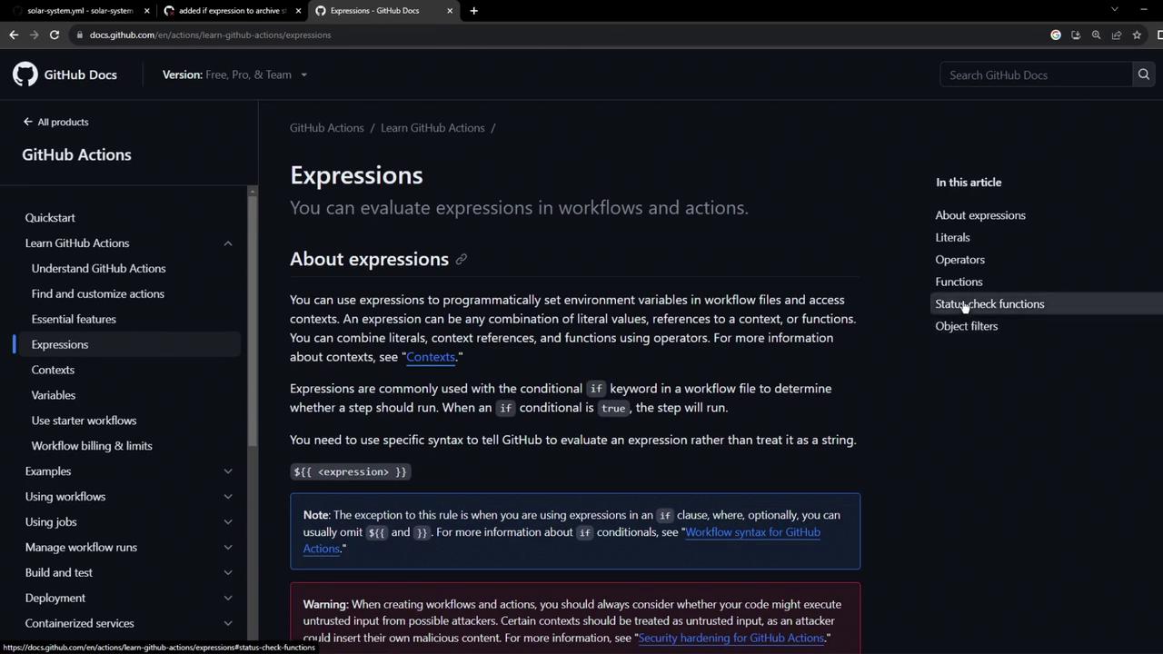 The image shows a GitHub Docs page about "Expressions" in GitHub Actions, detailing how to evaluate expressions in workflows and actions. It includes navigation links and sections on expressions, literals, operators, and functions.