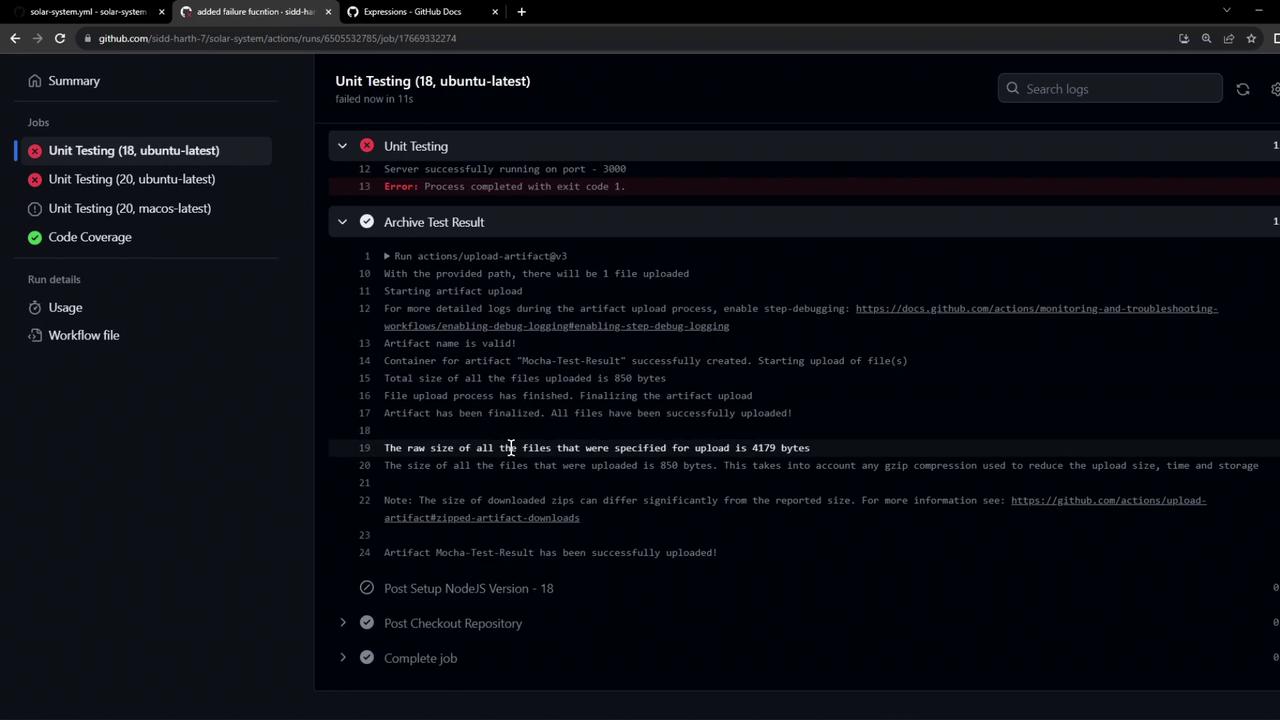 The image shows a GitHub Actions interface with a failed unit testing job on Ubuntu, displaying error logs and test result details.