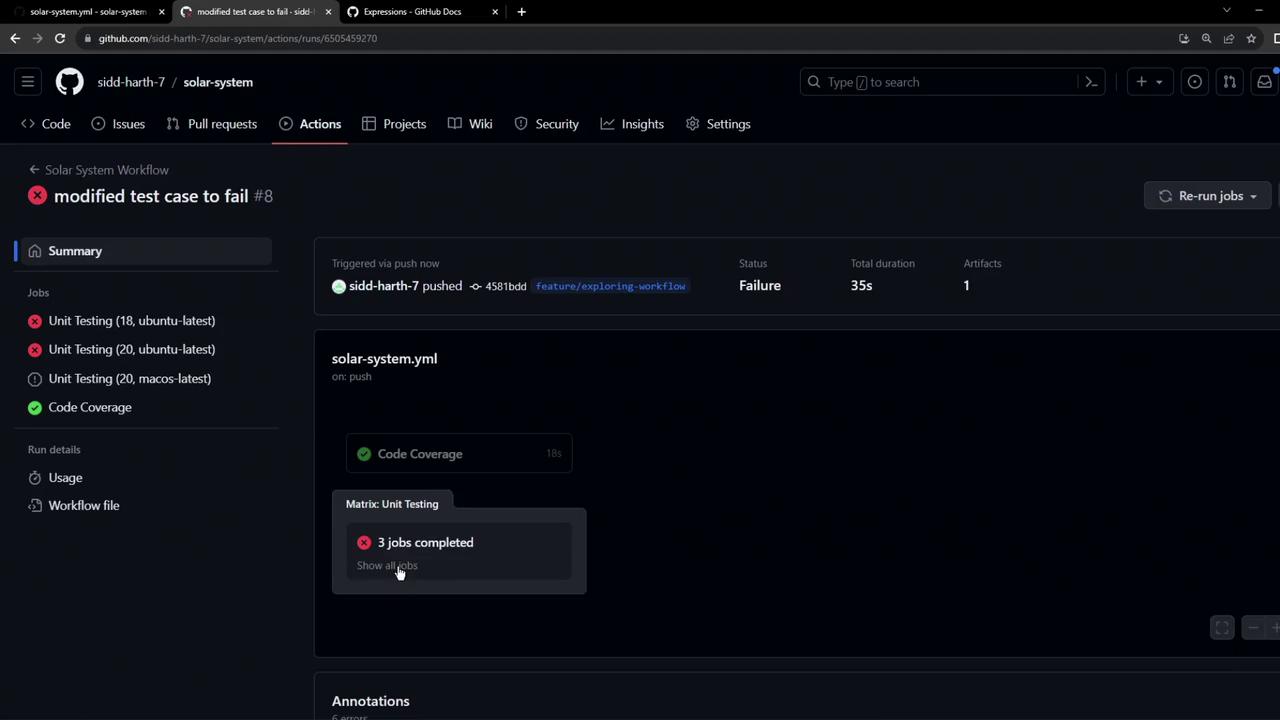 The image shows a GitHub Actions workflow summary with a failed status for a project named "solar-system." It includes details of unit testing jobs and code coverage, indicating three jobs completed with failures.