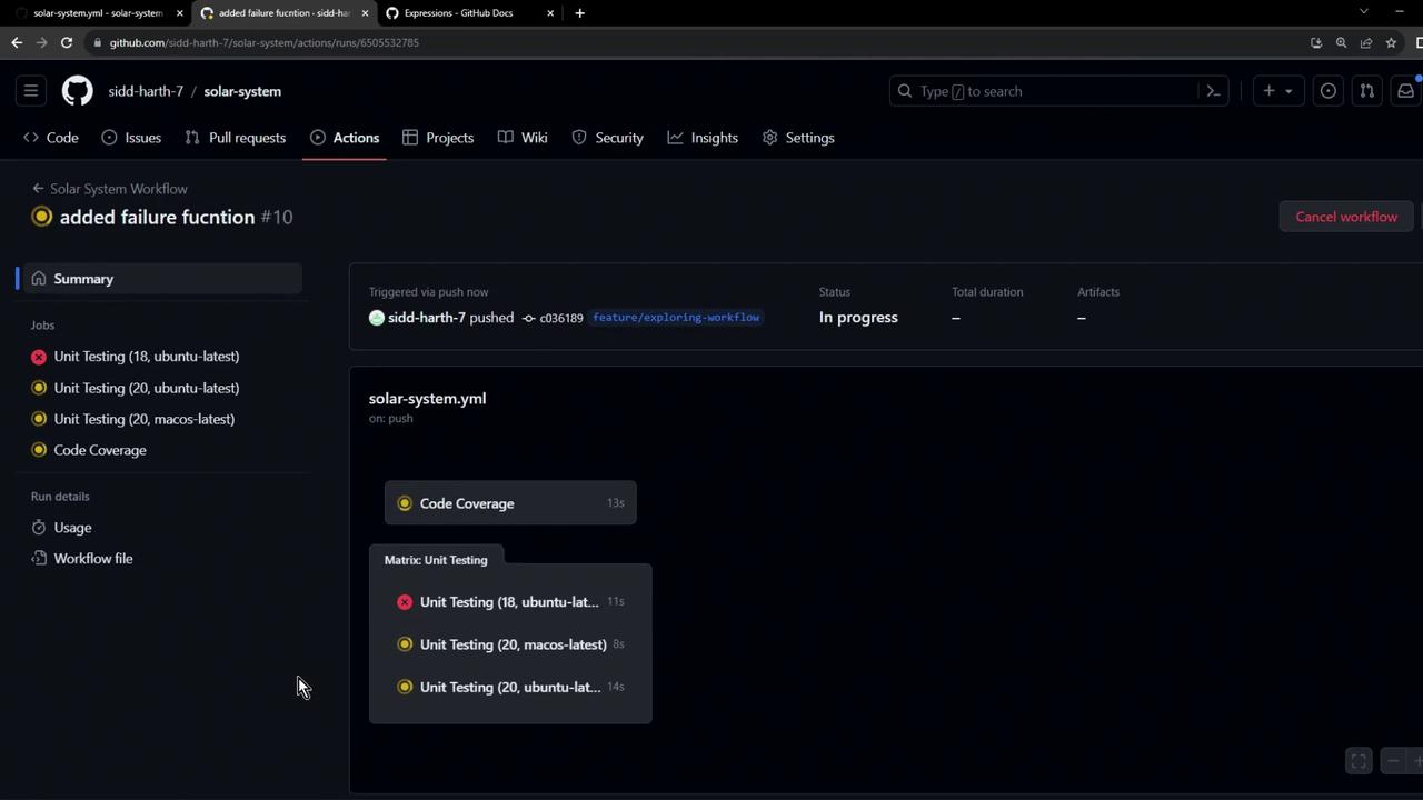 The image shows a GitHub Actions workflow interface with a "Solar System Workflow" in progress. It includes unit testing and code coverage jobs, with some tests marked as failed or in progress.