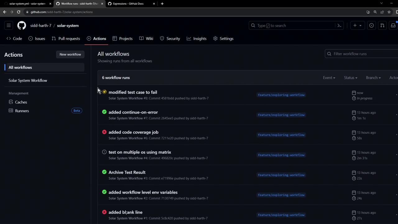 The image shows a GitHub Actions page displaying a list of workflow runs for a project named "solar-system," with various statuses and timestamps.