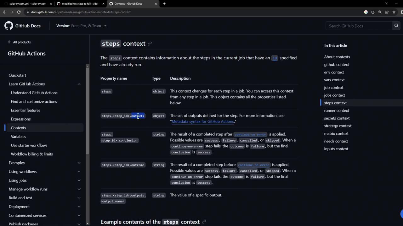 The image shows a GitHub Docs page about the "steps context" in GitHub Actions, detailing properties like outputs and outcomes for job steps.