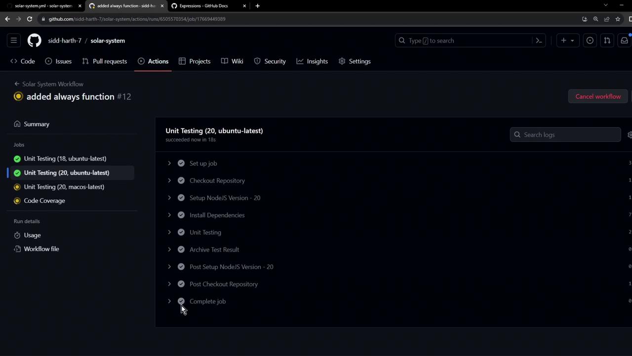 The image shows a GitHub Actions workflow interface with a list of jobs, including "Unit Testing" on Ubuntu and macOS, and details of a completed job.