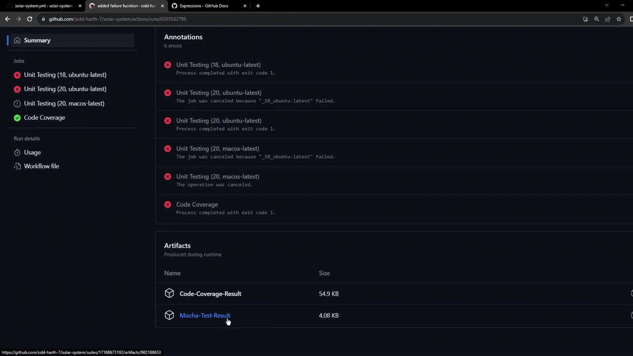 The image shows a GitHub Actions workflow summary with several unit testing jobs that have failed or been canceled, and artifacts for code coverage and test results.