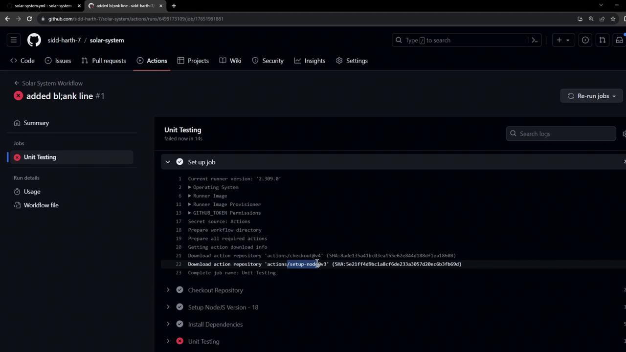 The image shows a GitHub Actions interface with a failed unit testing job in a workflow. The job details and logs are displayed, indicating a setup process for Node.js.