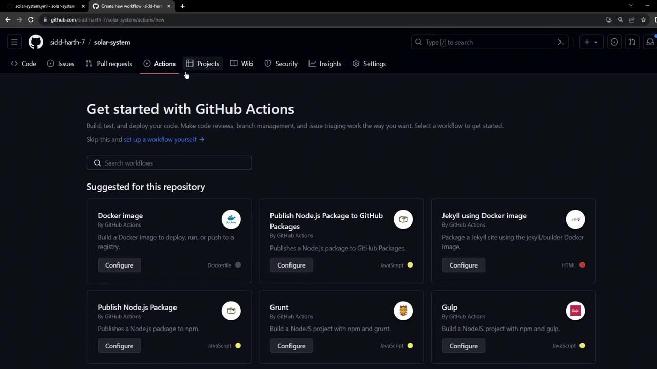 The image shows a GitHub Actions setup page with options to configure various workflows like Docker image, Node.js package, and Jekyll using Docker.
