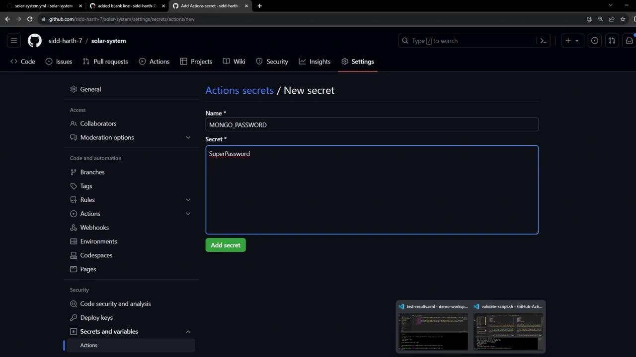 The image shows a GitHub repository settings page where a new secret named "MONGO_PASSWORD" with the value "SuperPassword" is being added. The interface is dark-themed, and the "Add secret" button is visible.