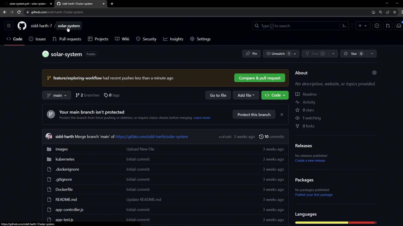 The image shows a GitHub repository page named "solar-system" with various files and directories listed, along with options for code management and branch protection.