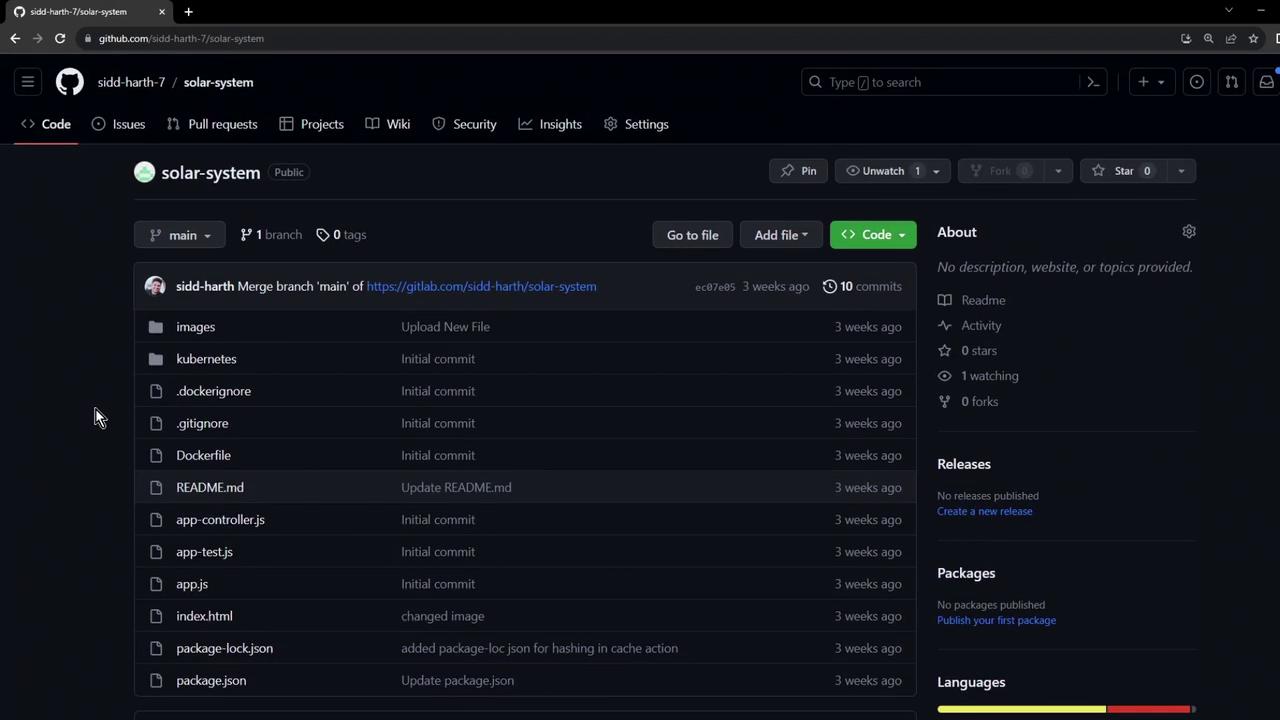 The image shows a GitHub repository page for a project named "solar-system," displaying a list of files and directories along with commit messages and timestamps. The repository has no stars, forks, or releases.