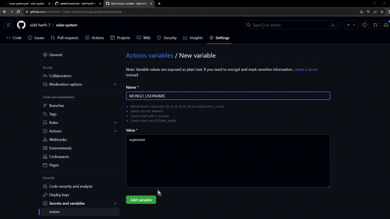 The image shows a GitHub settings page where a new action variable is being added, with the name "MONGO_USERNAME" and the value "superuser."