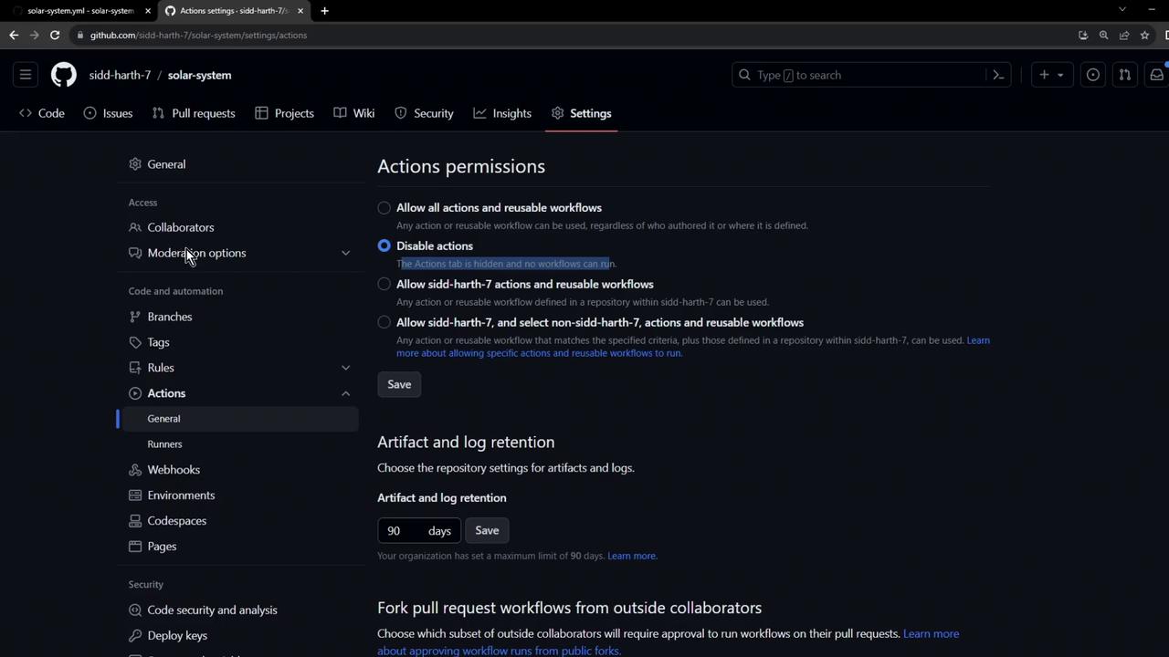 The image shows the GitHub settings page for a repository named "solar-system," focusing on the "Actions permissions" section. It includes options for enabling or disabling actions and settings for artifact and log retention.