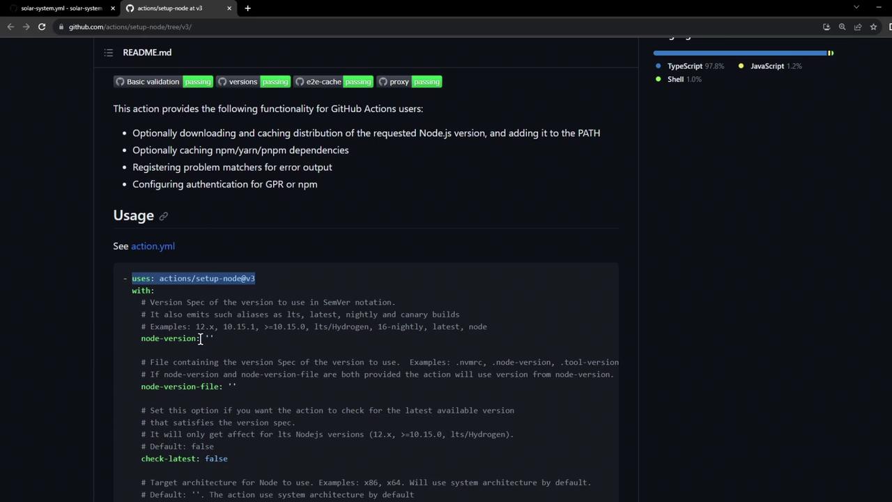The image shows a GitHub page for the "setup-node" action, detailing its functionality and usage for GitHub Actions, including options for Node.js version management.