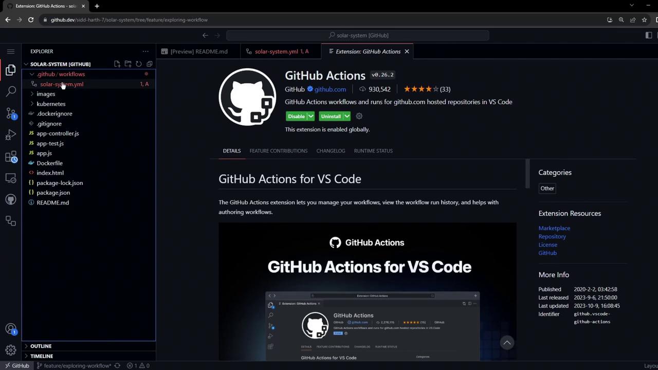 The image shows a Visual Studio Code interface with the GitHub Actions extension page open, displaying details about the extension and a file explorer on the left.