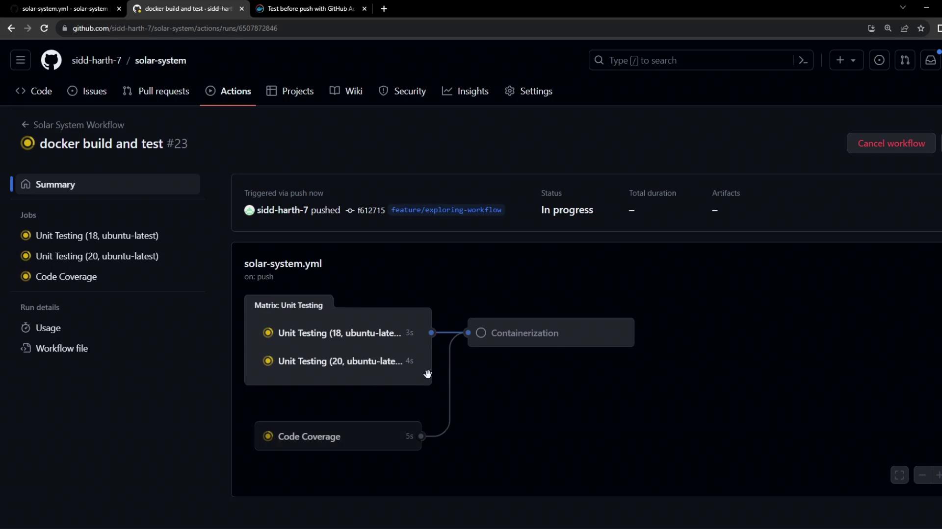 GitHub Actions interface for the "docker build and test" job running under the "solar-system" workflow, showing progress and success of each step.