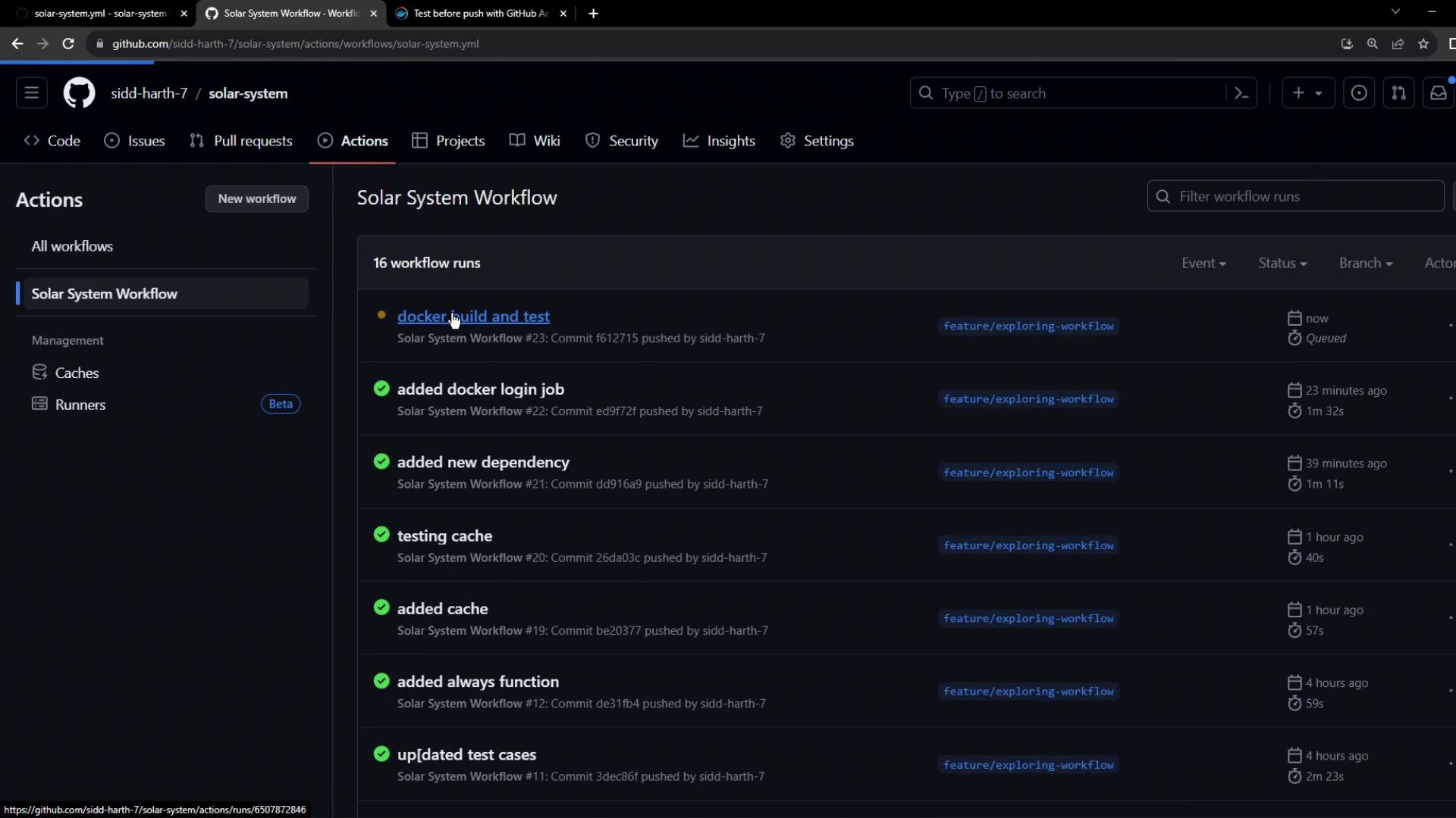 GitHub Actions page showing the "Solar System Workflow" runs with statuses and timestamps.