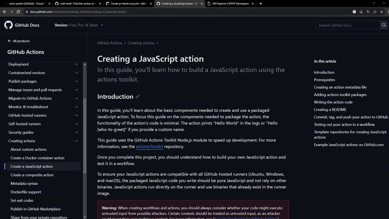 The image shows a GitHub documentation page titled "Creating a JavaScript action," which provides a guide on building a JavaScript action using the actions toolkit. The page includes an introduction and a sidebar with related topics.
