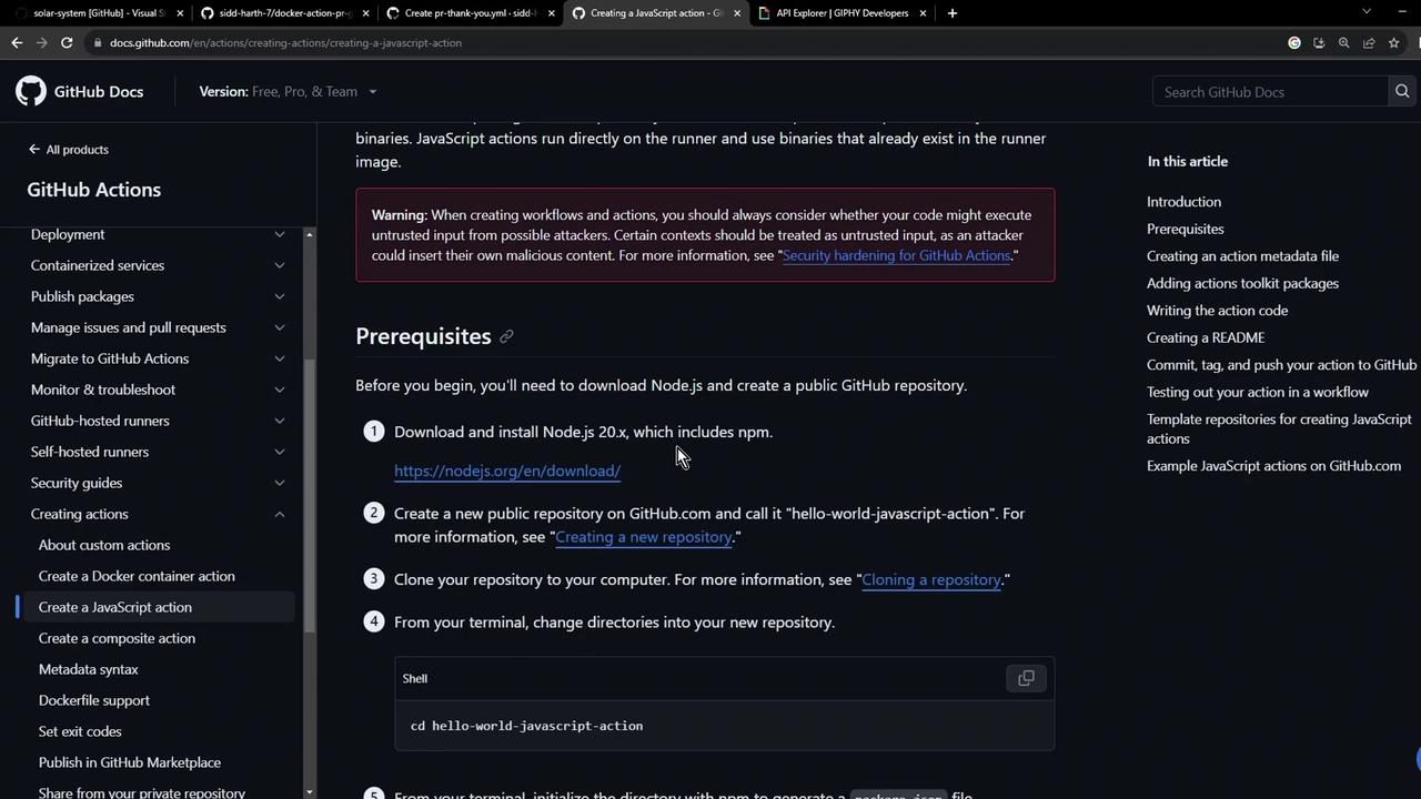 The image shows a GitHub documentation page about creating a JavaScript action, including prerequisites like downloading Node.js and creating a GitHub repository.