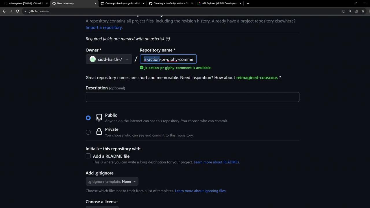 The image shows a GitHub interface for creating a new repository, with fields for the repository name, description, visibility options, and initialization settings.