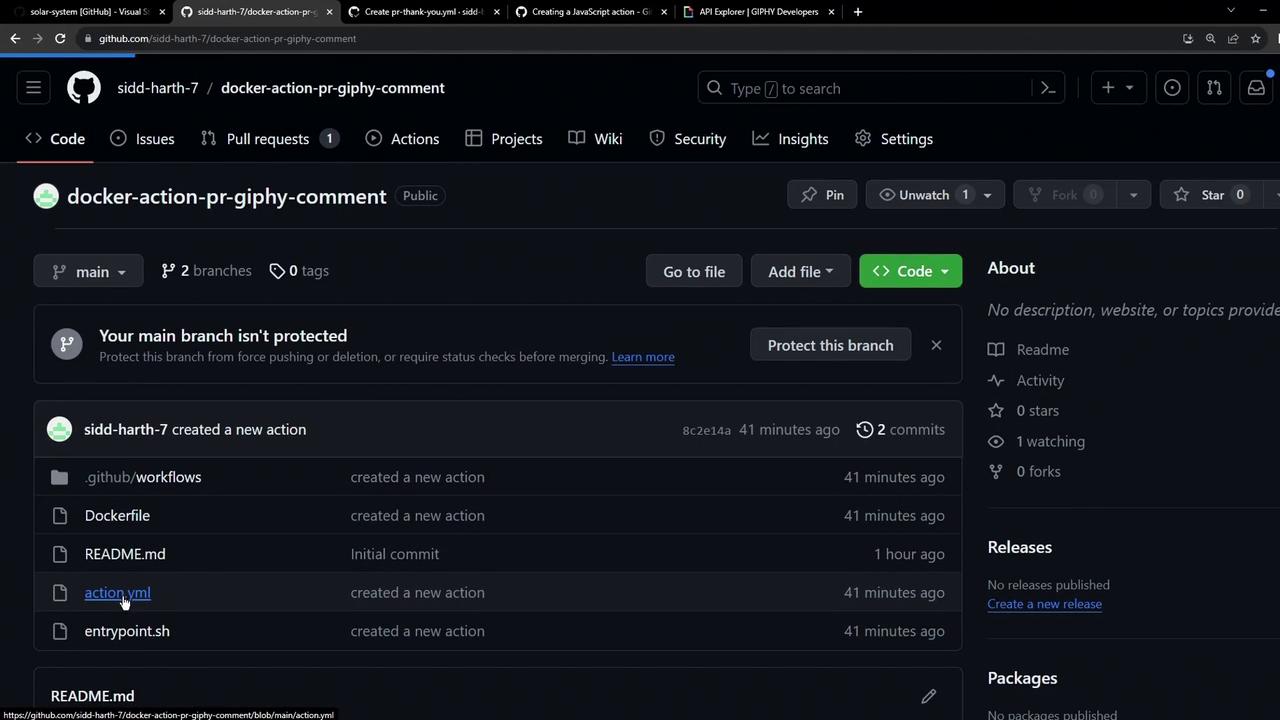 The image shows a GitHub repository page for "docker-action-pr-giphy-comment," displaying files like Dockerfile, README.md, and action.yml, along with details about branches and commits.