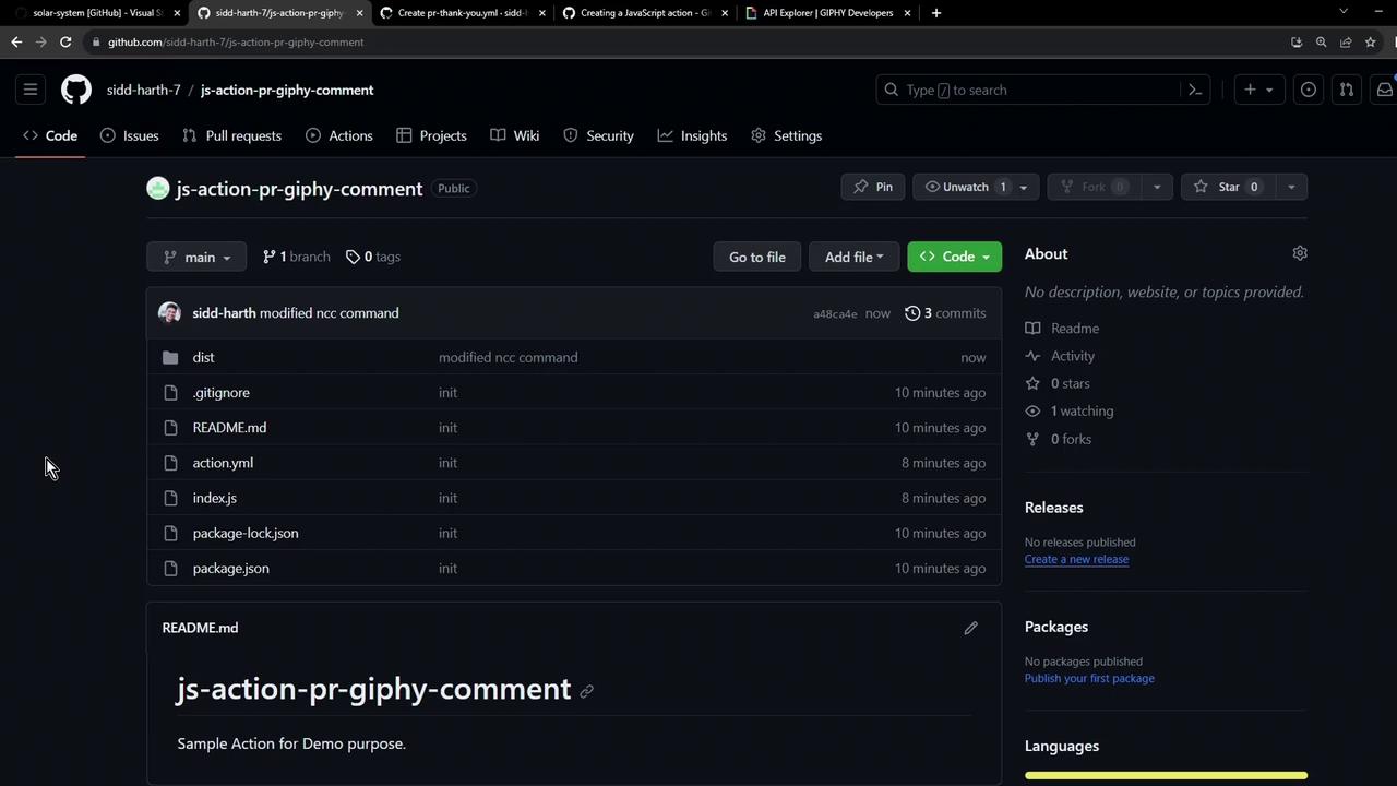 The image shows a GitHub repository page titled "js-action-pr-giphy-comment," displaying files like `.gitignore`, `README.md`, and `index.js`. The repository is public with no stars or forks.
