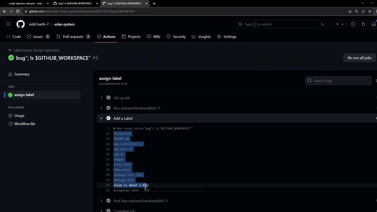The image shows a GitHub Actions interface with a job titled "assign-label" that has successfully run, displaying a list of files in the workspace and a message indicating the issue is about a bug.