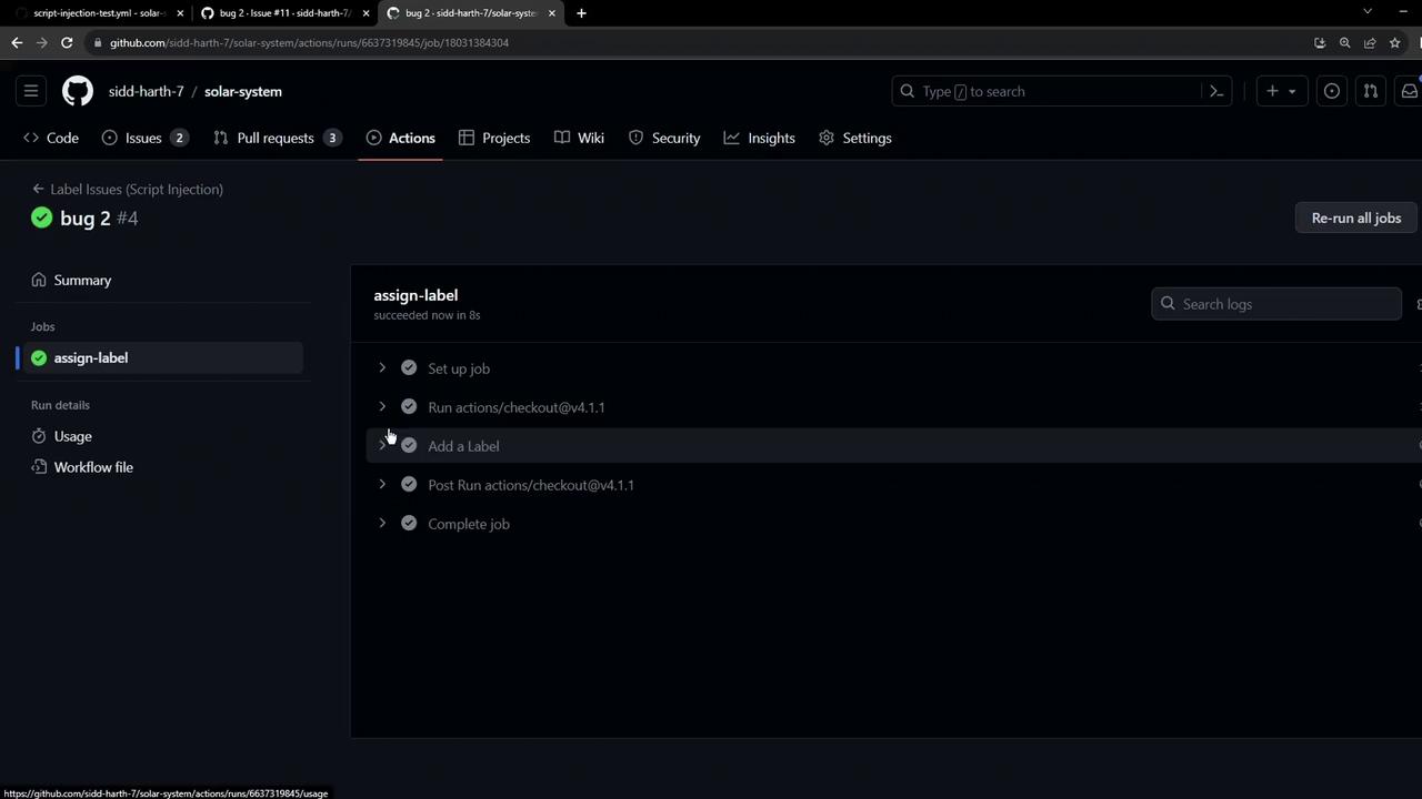 The image shows a GitHub Actions workflow page for a repository, displaying the successful completion of a job named "assign-label" with various steps like "Set up job" and "Add a Label."