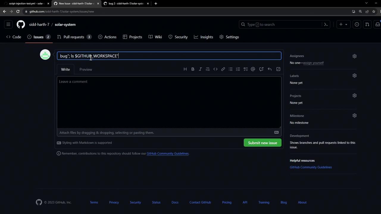 The image shows a GitHub interface where a new issue is being created in a repository named "solar-system." The issue title includes a command snippet, and there are options to assign, label, and submit the issue.
