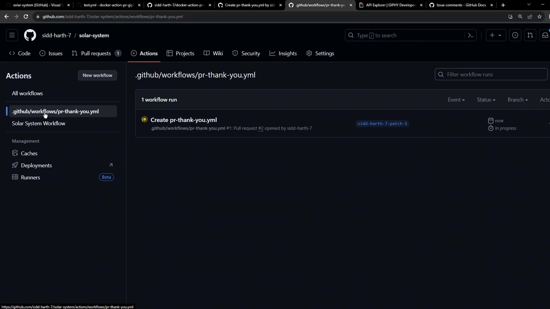The image shows a GitHub Actions page with a workflow file named "pr-thank-you.yml" in progress. It is part of a repository called "solar-system" under the user "sidd-harth-7".