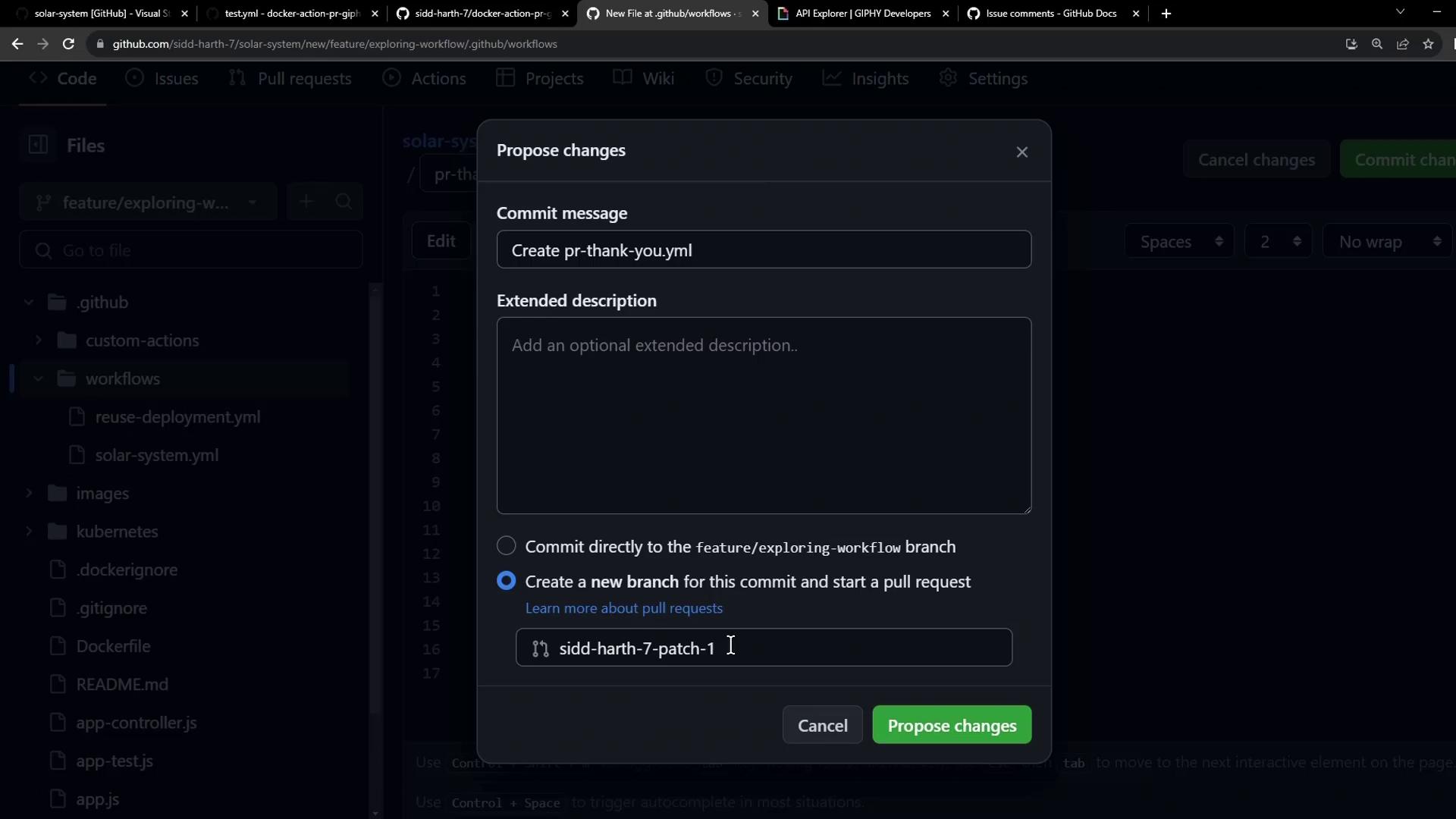 The image shows a GitHub interface where a user is proposing changes with a commit message and options to create a new branch or commit directly to an existing branch.