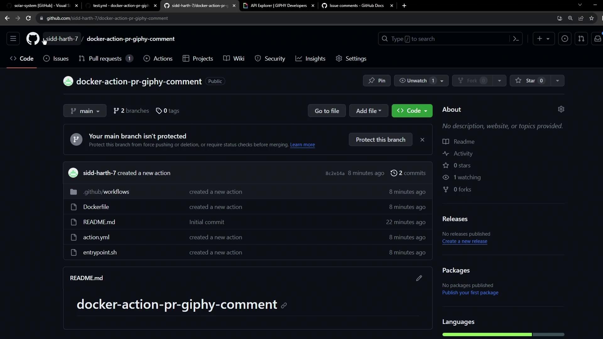 The image shows a GitHub repository page for "docker-action-pr-giphy-comment," displaying files and recent commits.