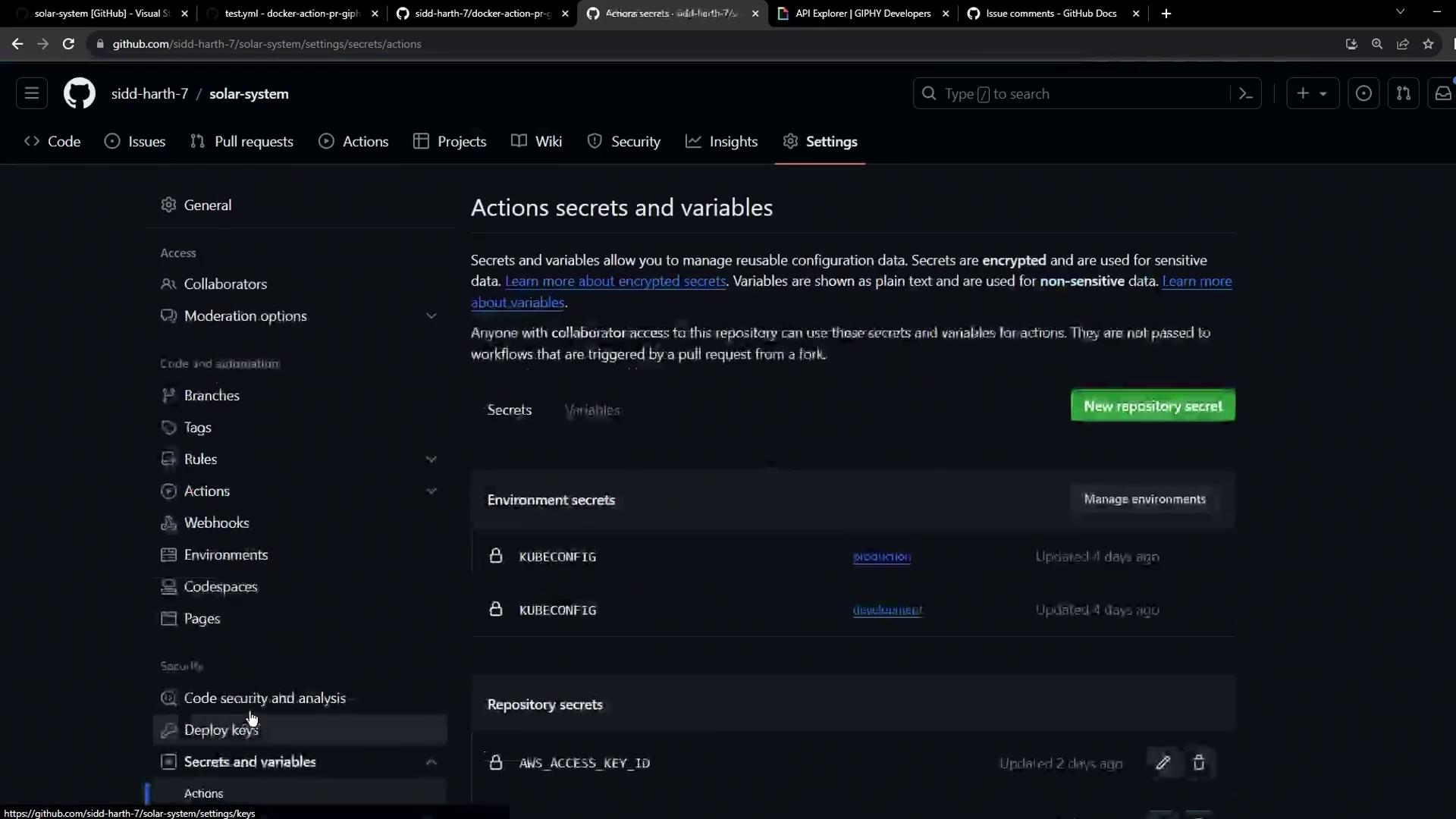 The image shows a GitHub repository settings page focused on "Actions secrets and variables," displaying options for managing environment and repository secrets.