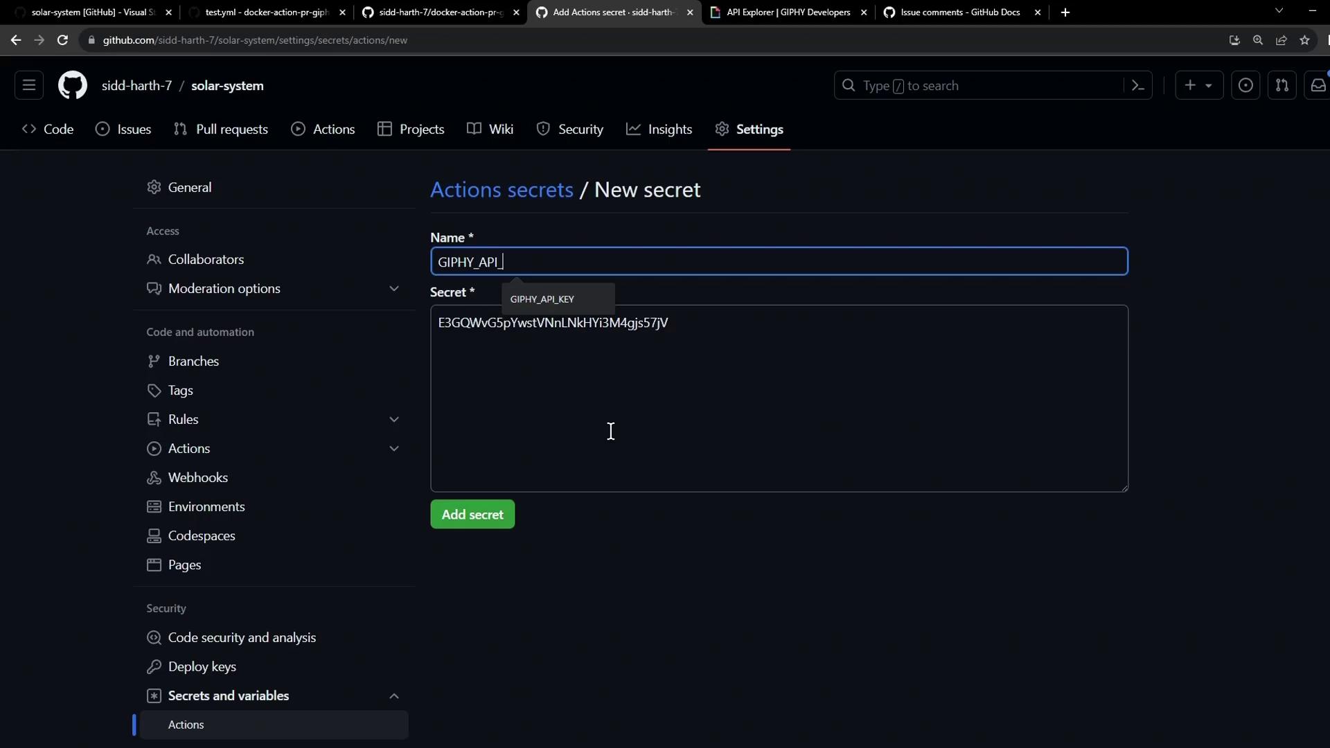 The image shows a GitHub repository settings page where a new secret named "GIPHY_API" is being added, with a secret key entered in the field.