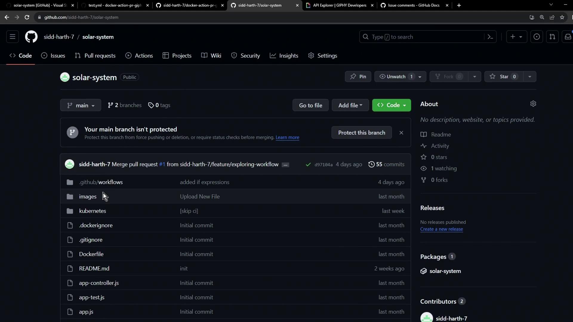 This image shows a GitHub repository page named "solar-system" with various files and folders listed, including workflows, images, and Kubernetes. The repository has 55 commits and a recent pull request merge.
