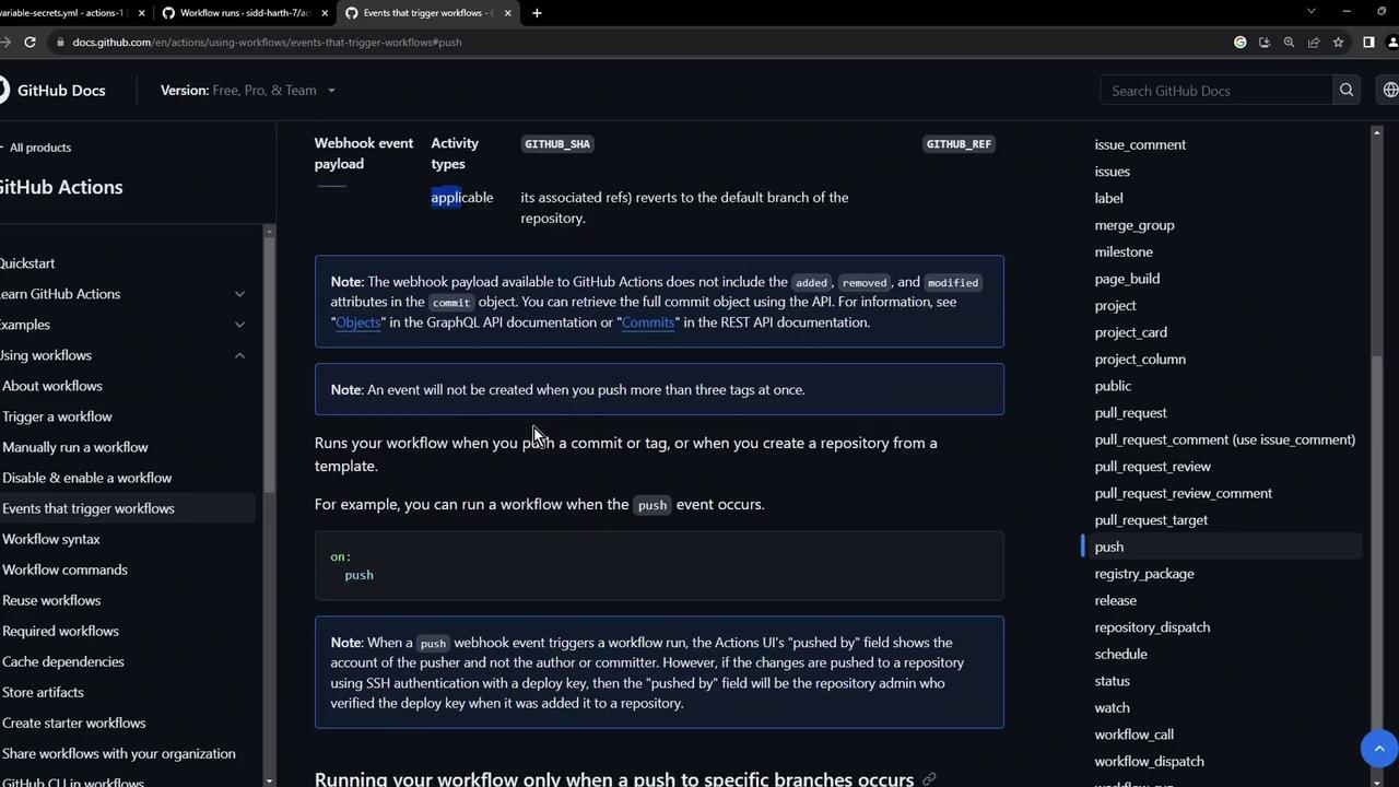 The image shows a GitHub documentation page about events that trigger workflows, specifically focusing on the "push" event. It includes notes and examples related to GitHub Actions.