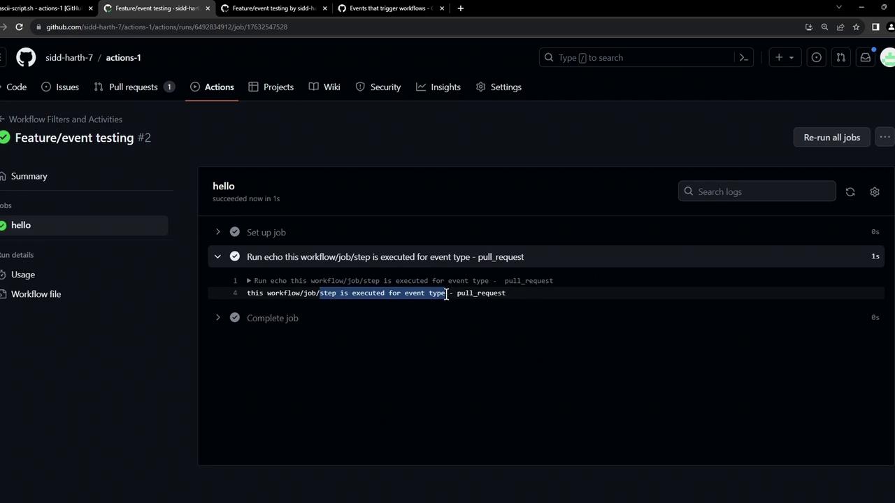 The image shows a GitHub Actions workflow run, specifically a job labeled "hello" that has successfully executed a step for a pull request event.