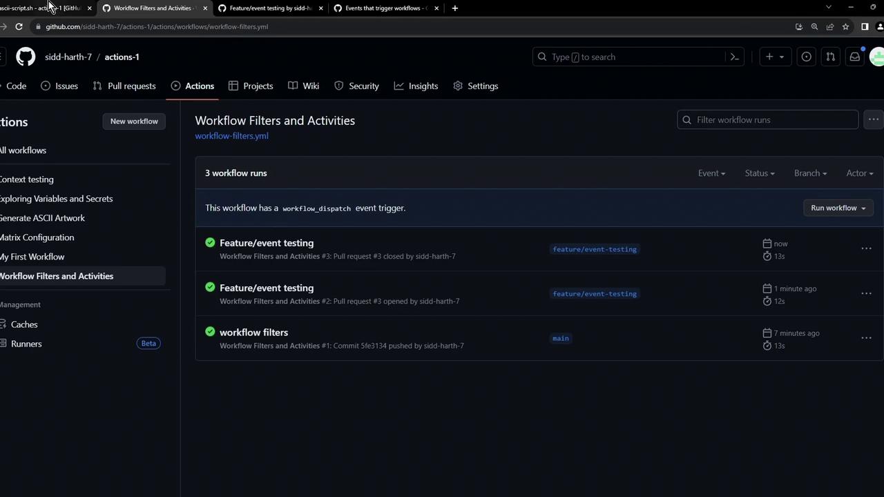 The image shows a GitHub Actions page with a list of workflow runs, including details like event triggers, status, and branches. The interface is in dark mode, displaying three workflow runs related to feature/event testing and workflow filters.