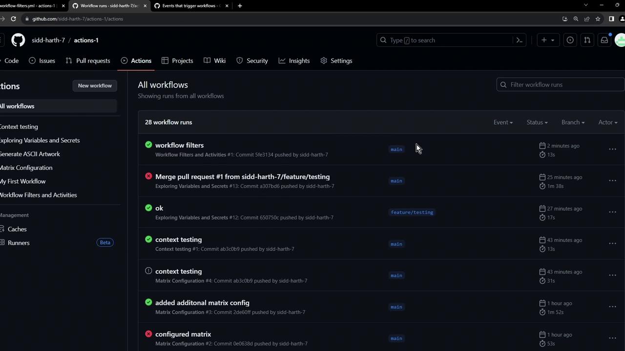 The image shows a GitHub Actions page displaying a list of workflow runs, with details such as event, status, branch, and actor. Some workflows have succeeded, while others have failed.