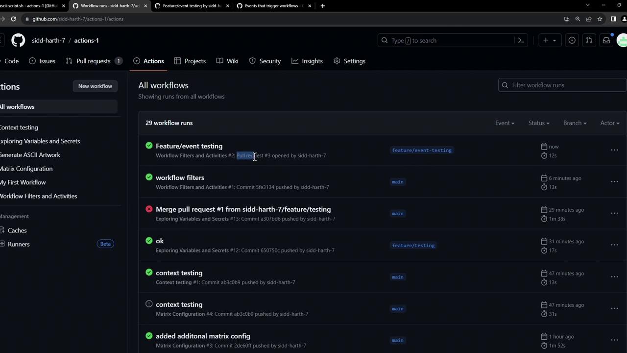 The image shows a GitHub Actions page displaying a list of workflow runs with their statuses, branches, and timestamps.