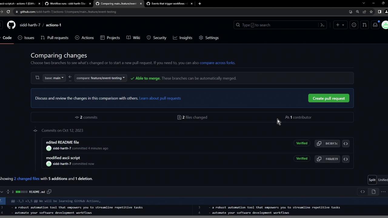 The image shows a GitHub interface comparing changes between branches, indicating that the branches can be merged, with options to create a pull request and view commit details.