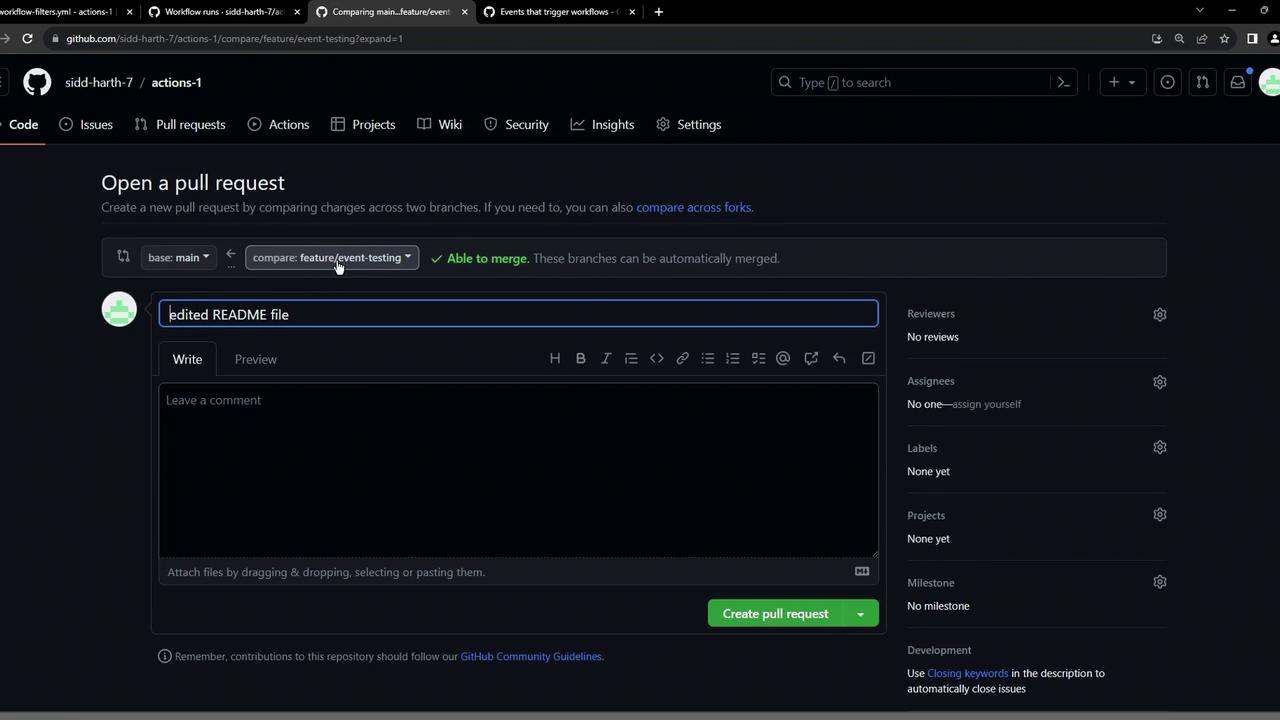 The image shows a GitHub interface for creating a pull request, with options to compare branches and add a title and comment.