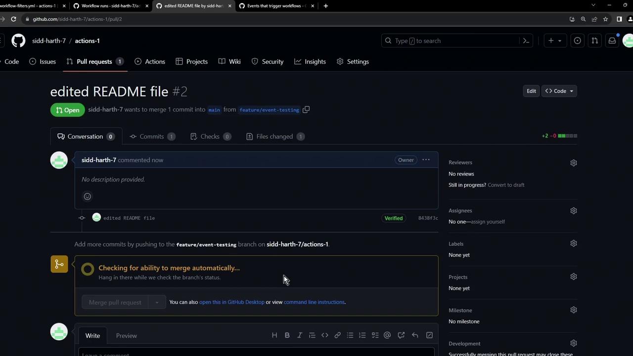 The image shows a GitHub pull request page where a user is attempting to merge a commit into the main branch from a feature branch. The pull request is open, with no description provided, and is checking for the ability to merge automatically.
