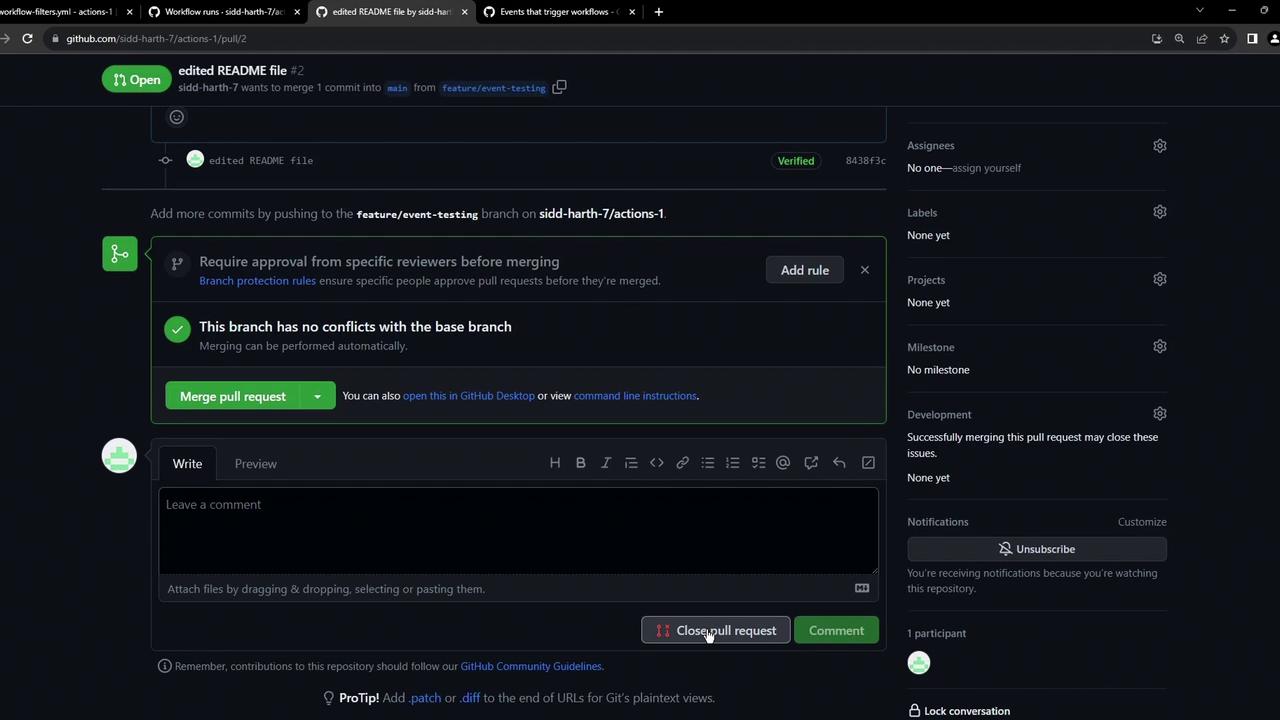 The image shows a GitHub pull request interface, indicating that a branch has no conflicts with the base branch and can be merged automatically. There are options to merge or close the pull request.