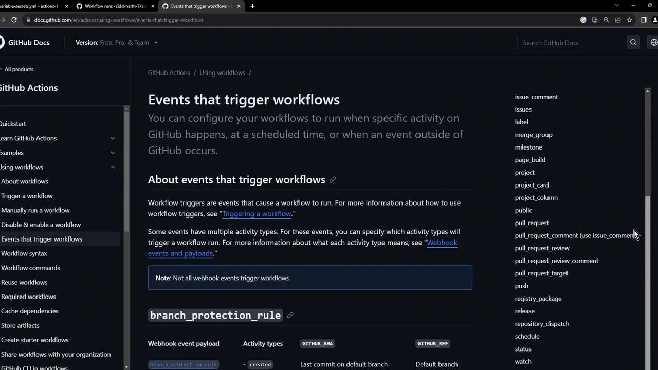 The image shows a GitHub documentation page about events that trigger workflows, with a sidebar menu and a list of event types.