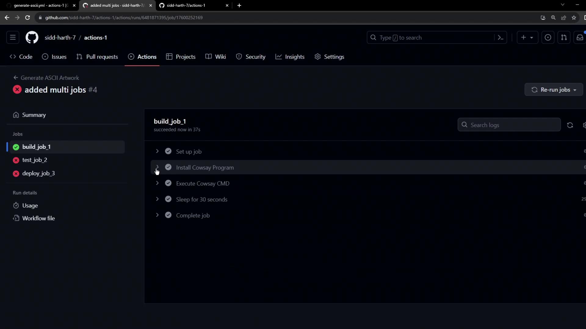 The image shows a GitHub Actions interface with a workflow run summary. It displays the status of multiple jobs, including "build_job_1" which succeeded, and "test_job_2" and "deploy_job_3" which failed.