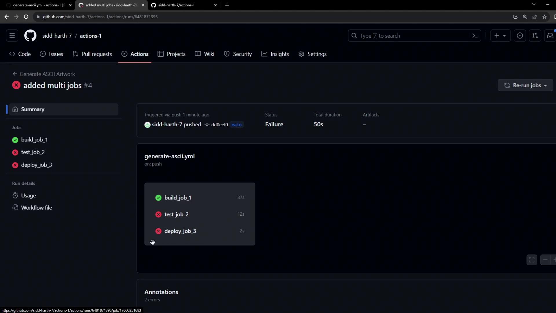 The image shows a GitHub Actions workflow summary with three jobs: "build_job_1" succeeded, while "test_job_2" and "deploy_job_3" failed, resulting in an overall failure status.