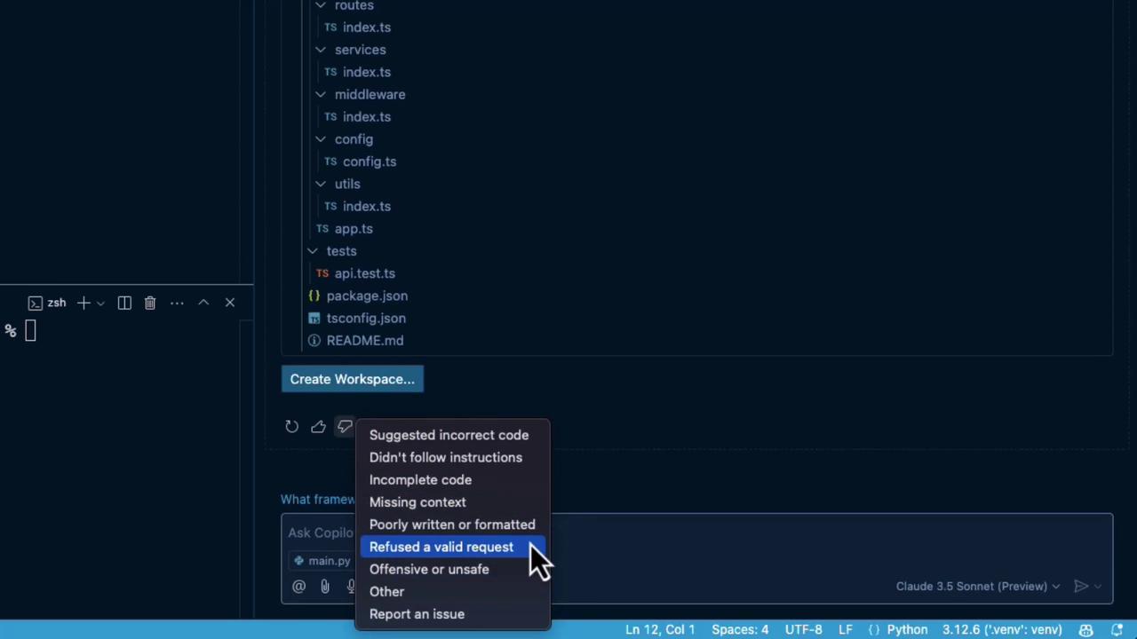The image shows a code editor with a file directory on the right, and a context menu open with options related to code suggestions or issues.