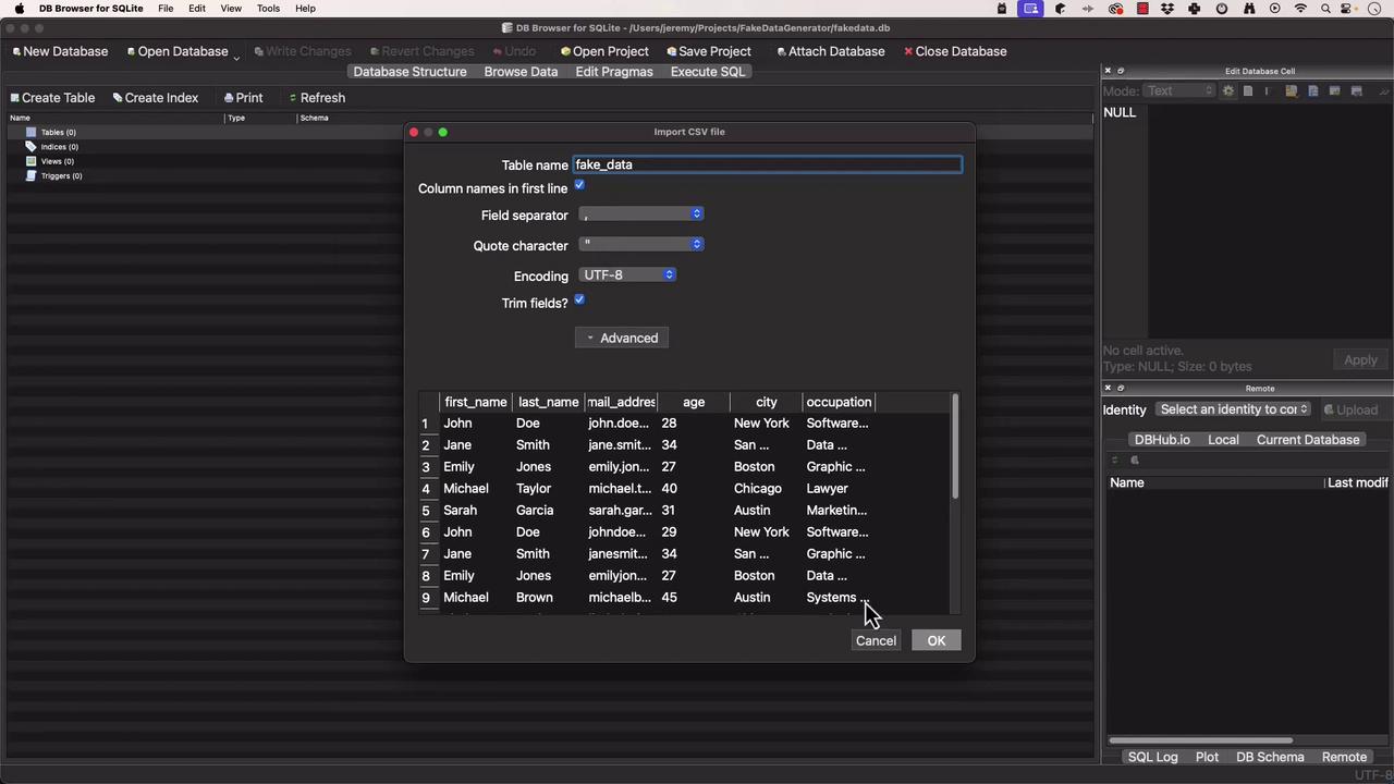 The image shows a screenshot of a database management application, specifically DB Browser for SQLite, with a CSV import dialog open. It displays options for importing data into a table named "fake_data" and shows a preview of the data with columns like first name, last name, age, and occupation.