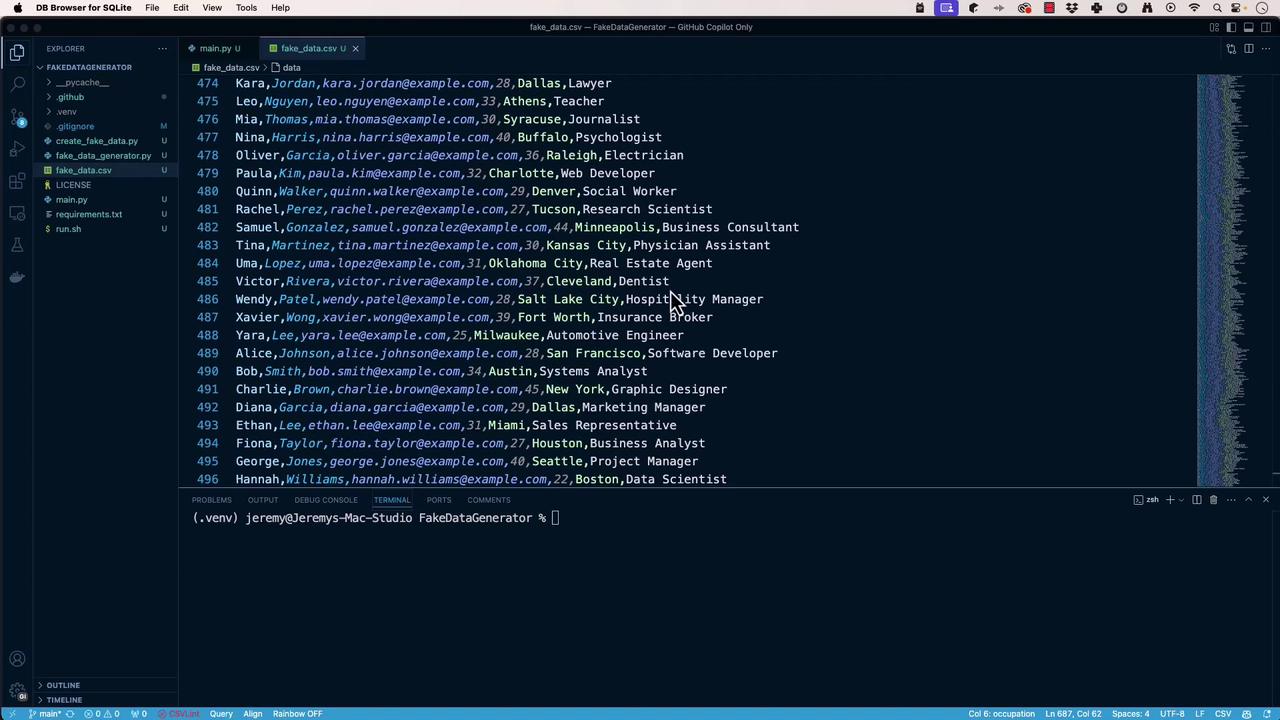 The image shows a code editor with a CSV file open, displaying a list of fake data entries including names, emails, ages, cities, and occupations. The file is part of a project named "FakeDataGenerator" in a directory structure.
