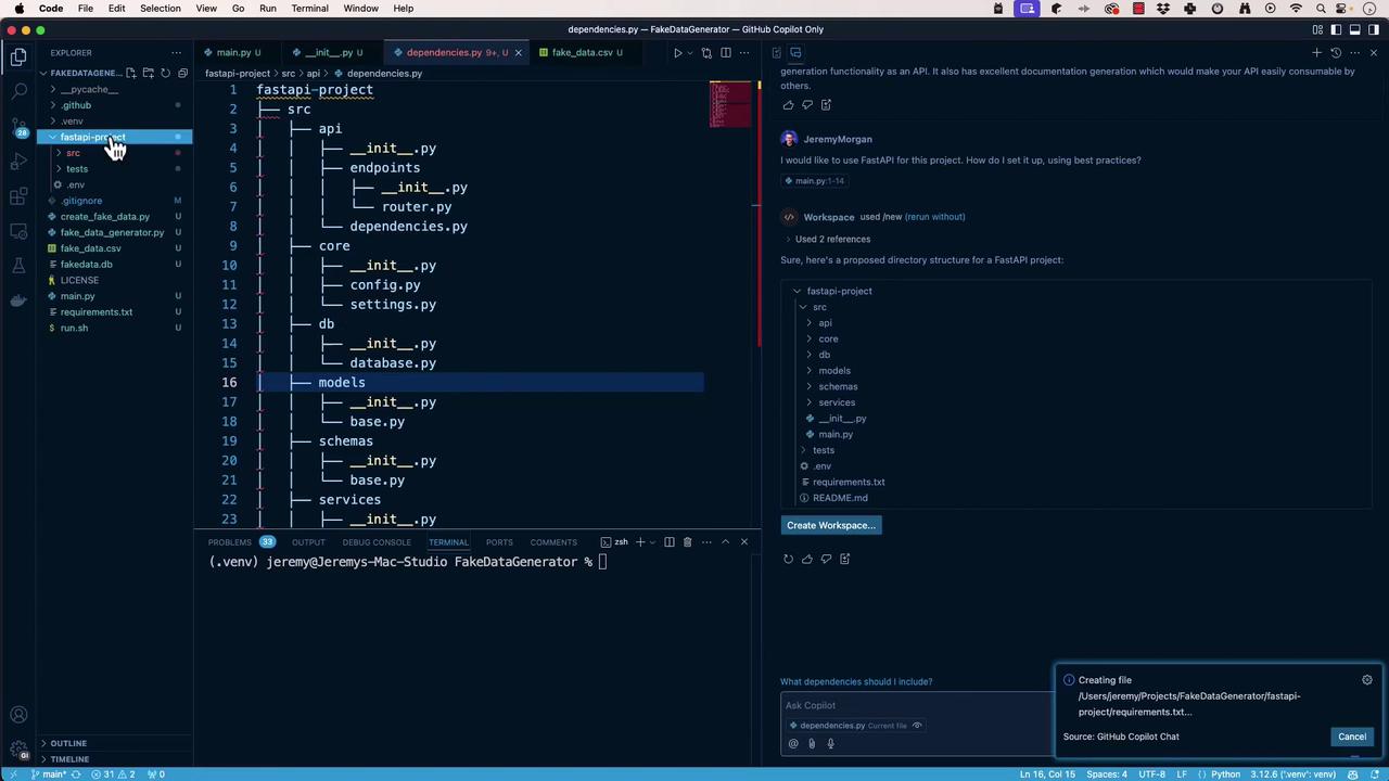 The image shows a Visual Studio Code interface with a project directory structure for a FastAPI project, including various Python files and folders. The right panel displays a GitHub Copilot chat discussing the setup of the project.
