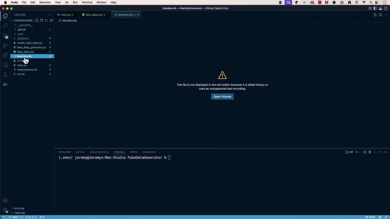 The image shows a Visual Studio Code interface with a file explorer open on the left, displaying various files. A warning message indicates that a file is not displayed because it is either binary or uses an unsupported text encoding.